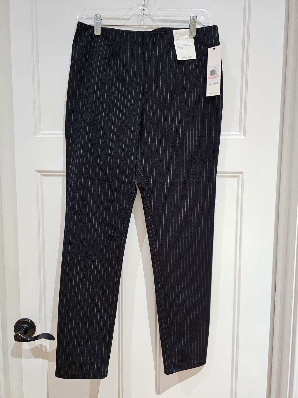 Calvin Klein Black Pinstripe Tappered Leg Ankle Length Pants, NWT